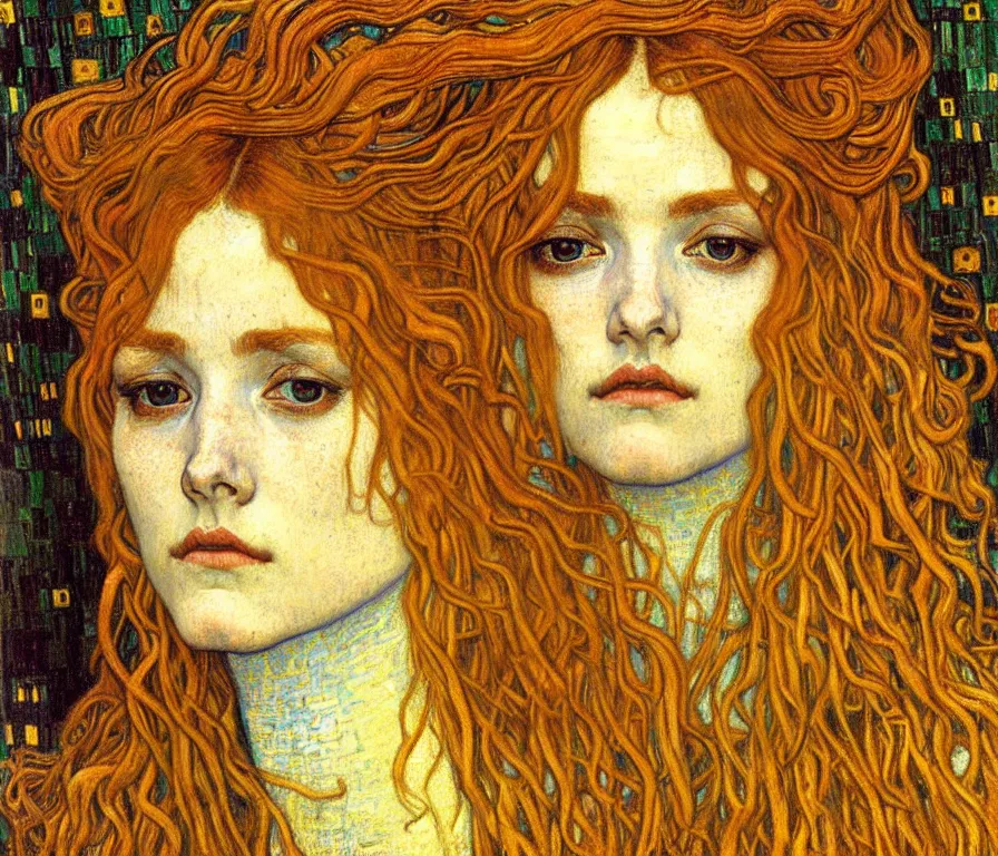 Image similar to detailed realistic beautiful young medieval queen face portrait by jean delville, gustav klimt and vincent van gogh, art nouveau, symbolist, visionary, gothic, pre - raphaelite, muted earthy colors, desaturated