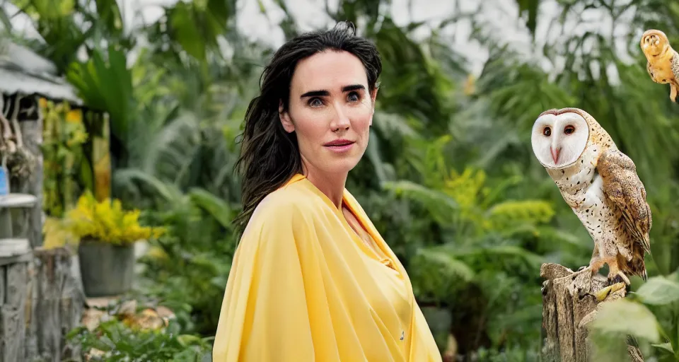 Image similar to Large format Portrait of Jennifer Connelly wearing a yellow kimono in a tropical greenhouse with a very detailed barn owl on her shoulder, medium format camera, 85mm f1.8, bokeh, sharp focus, detailed, centered, editiorial photoshoot, dreamy, elegant