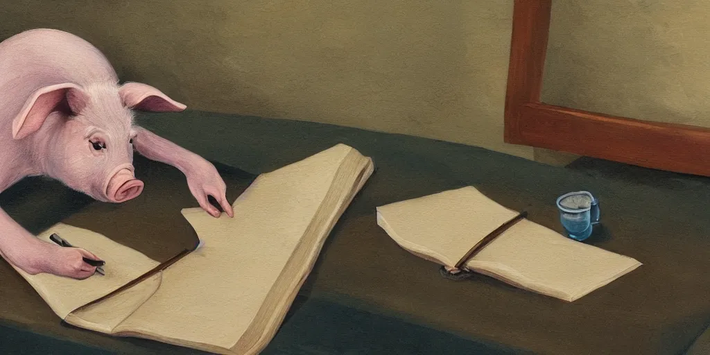 Prompt: detailed painting of a pig writing a novel