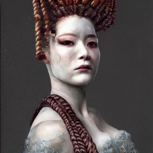 Image similar to portrait of a Shibari rope wrapped face and neck, headshot, insanely nice professional hair style, dramatic hair color, digital painting, of a old 18th century, Royal Emperor, amber jewels, baroque, ornate clothing, scifi, realistic, hyperdetailed, chiaroscuro, concept art, art by Franz Hals and Jon Foster and Ayami Kojima and Amano and Karol Bak,