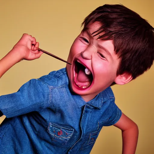 Image similar to Beautiful painting of a kid with cup cut hair, Big head, Big mouth, blushing scream and criyng in his room 50 mm studio lighting