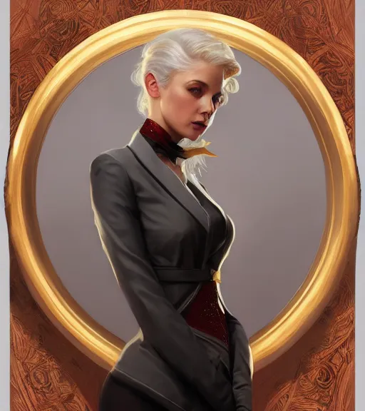 Prompt: elle brooke wearing a golden dress, grey hair, red necktie, cinematic, stunning, highly detailed, digital painting, artstation, smooth, hard focus, full body shot, illustration, art by artgerm and greg rutkowski and alphonse mucha