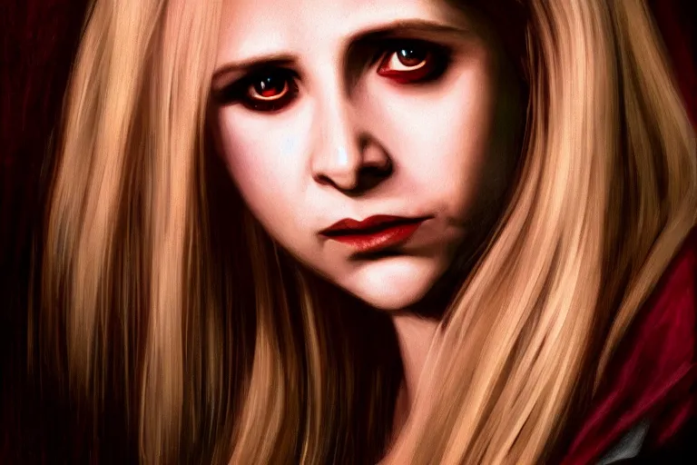 Prompt: Buffy Summers as a vampire, dramatic lighting, hyper-realistic, extremely high detail, trending on artstation