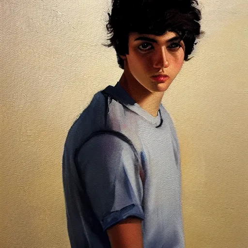 Prompt: oil painting by ilya kuvshinov, baugh casey, rhads, coby whitmore, of a youthful persian - indian college student, olive skin, high cheekbones, handsome, curly black hair, gay fem boy, outdoors, highly detailed, breathtaking face, studio photography, dawn, intense subsurface scattering, blush, supple look, innocence, intense sunlight