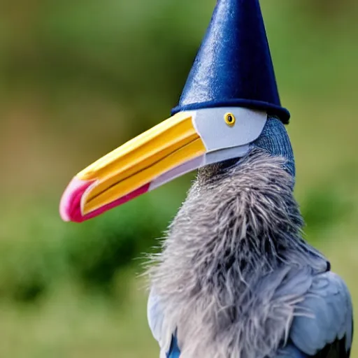 Prompt: a shoebill wearing a party hat