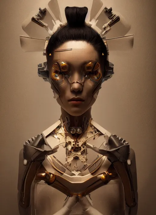 Image similar to portrait of a futuristic geisha cyborg, kintsugi, modern fine art, fractal, intricate, elegant, highly detailed, digital photography, subsurface scattering, by jheronimus bosch and greg rutkowski,