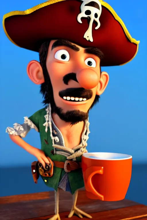 Image similar to portrait of the pirate blackbeard holding a cup of coffee, full body with a pirate ship on background. pixar disney 4 k 3 d render funny animation movie oscar winning trending on artstation and behance. ratatouille style.