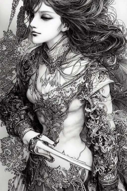 Image similar to portrait of glamour redhead fantasy female bard , pen and ink, intricate line drawings, by Yoshitaka Amano, Ruan Jia, Kentaro Miura, Artgerm