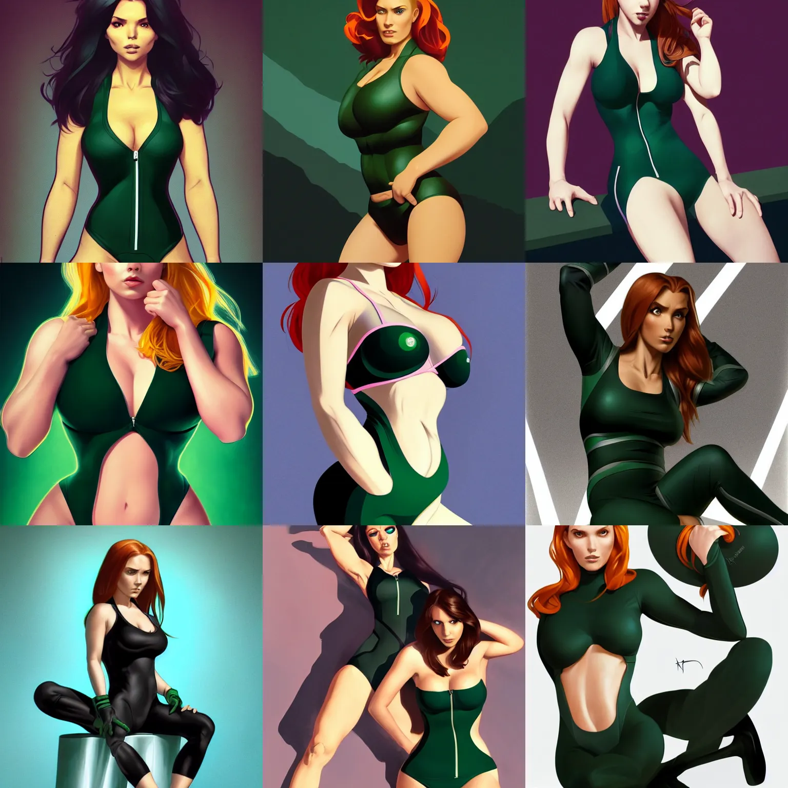 Prompt: striking character concept portrait, kim possible, sitting with wrists together, dark green swimsuit with zipper, curvaceous. detailed, high quality, very dark lighting, many shadows, high contrast, fantasy, reflective suit, spotlight. digital artwork by artgerm and wlop and alex ross and alphonse mucha, trending on artstation