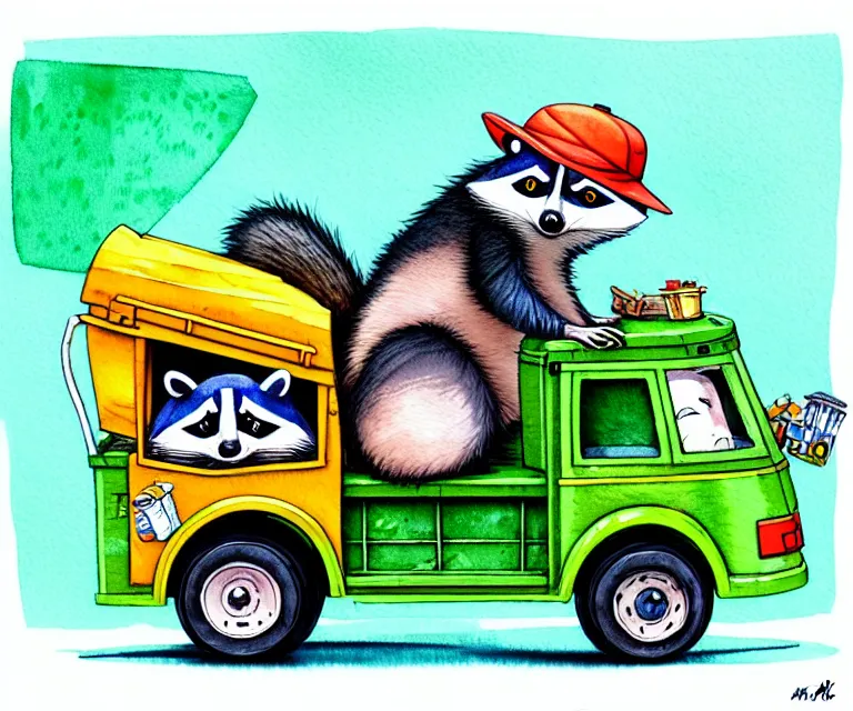 Image similar to cute and funny, racoon wearing a hat riding in a tiny garbage truck, ratfink style by ed roth, centered award winning watercolor pen illustration, isometric illustration by chihiro iwasaki, edited by range murata, tiny details by artgerm and watercolor girl, symmetrically isometrically centered, sharply focused