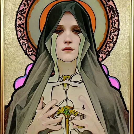 Prompt: a Masterpieces portrait of a skeleton nun in the style of Alphonse Mucha,Realistic style,oil on canvas