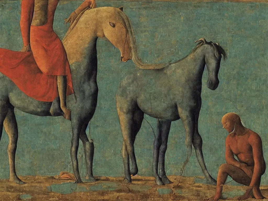 Prompt: Horse with monk in the mud, in the swamp. Lapis Lazuli, malachite, cinnabar. Painting by Piero della Francesca, Agnes Pelton