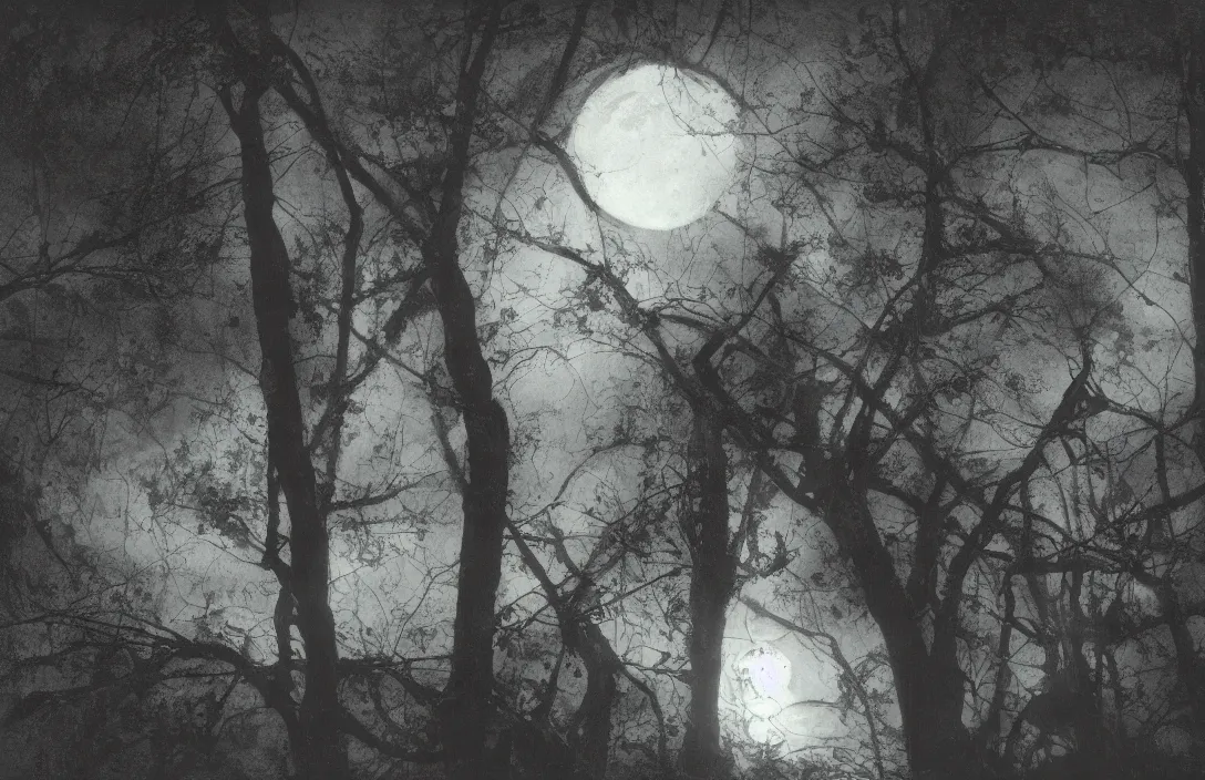 Image similar to energetic brushstrokes create optical flow intact flawless ambrotype from 4 k criterion collection remastered cinematography gory horror film, ominous lighting, evil theme wow photo realistic postprocessing cryengine stars lingering above moon visible through the trees worms eye photograph by ansel adams