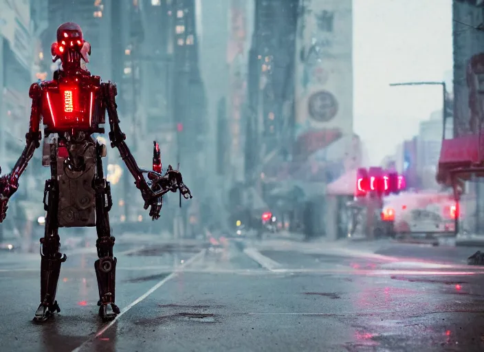 Image similar to 3 5 mm portrait photo of general grievous with heavy duty biomechanical cybernetic body with 4 arms holding 4 activated red lightsabers in the city in the rain. cyberpunk horror style.