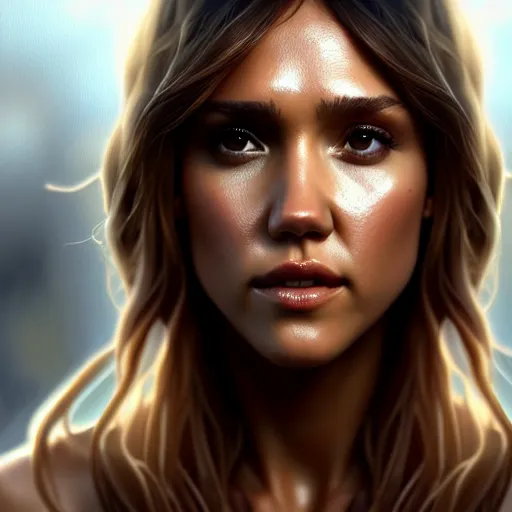 Image similar to beautiful digital painting jessica alba the thing with high detail, 8 k, stunning detail, photo by artgerm, greg rutkowski and alphonse mucha, unreal engine 5, 4 k uhd