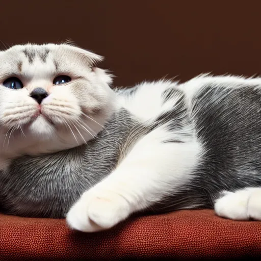 Image similar to a scottish fold cat laying back relaxing, dreaming of infinity, elegant color palette