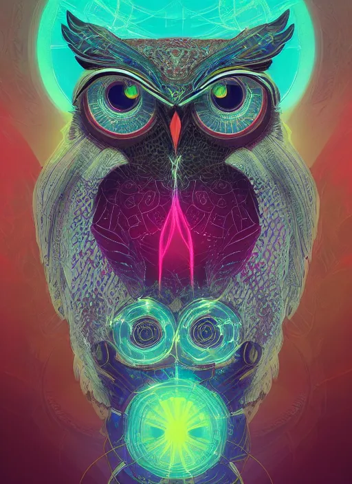 Image similar to symmetry!! product render poster vivid colors divine proportion owl, scifi, glowing fog intricate, elegant, highly detailed, digital painting, artstation, concept art, smooth, sharp focus, illustration,