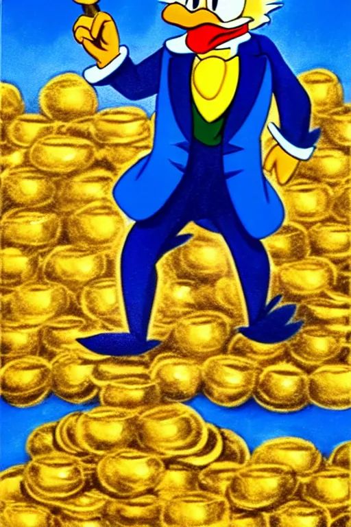 Prompt: Scrooge McDuck from the Duck Tales in blue costume standing on a mountain of golden gold and holding a cane, view from below, full body portrait including head, oil painting, highly detailed