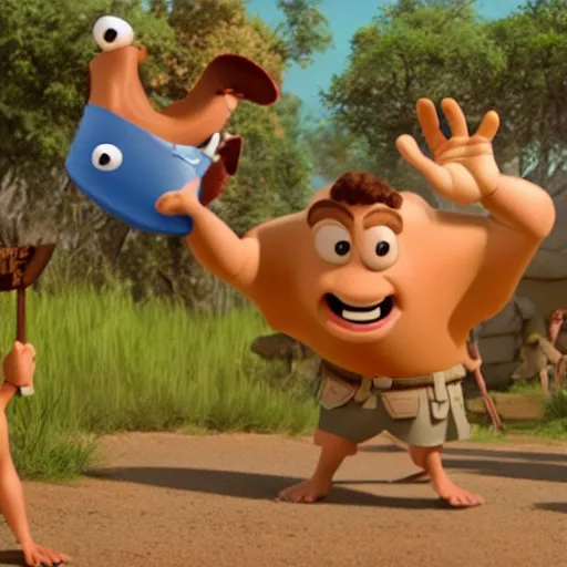 Image similar to film still of David vs Goliath bible story in the style of Disney Pixar Up (2009)