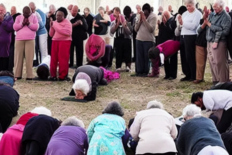 Prompt: people praying for god to resurrect a old lady