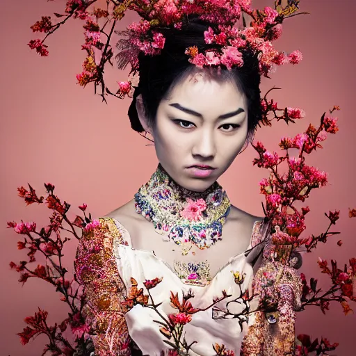 Image similar to photography of the asian queen sitting in the flower thorn, beautiful face, masterpiece costume, jewellery, high quality, elegant, emotionally touching, cool, deep gaze, mystery, tenderness, joe mcnally style