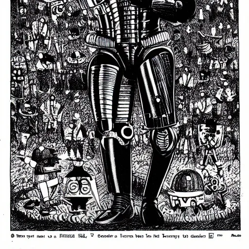 Image similar to robocop as one of the gashlycrumb tinies, edward gorey, black and white ink