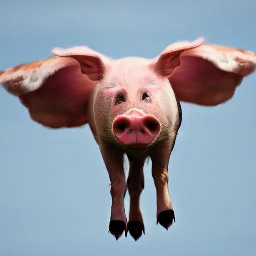 Prompt: photo of a pig with wings, soaring through the sky like a pink hawk, professional bird photography