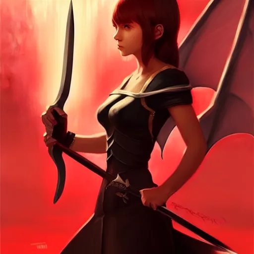 Image similar to a woman holding a sword with a dragon on it, concept art by Ilya Kuvshinov, contest winner, fantasy art, official art, concept art, high detail, experimental, high quality, hyperrealistic, 4k