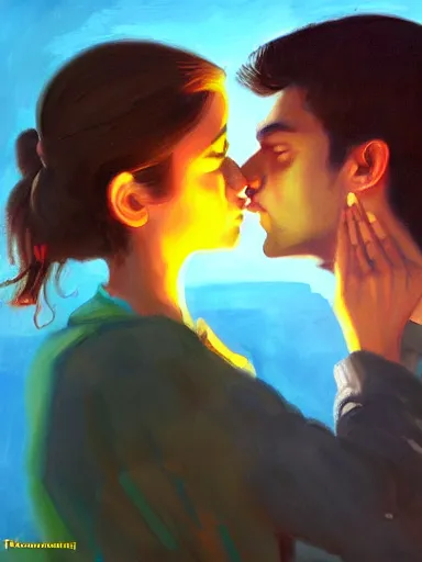 Prompt: masterpiece painting by salman toor, of a solo individual portrait of a guy and a girl kissing, cinematic light, renaissance, atmospheric effects, artstation