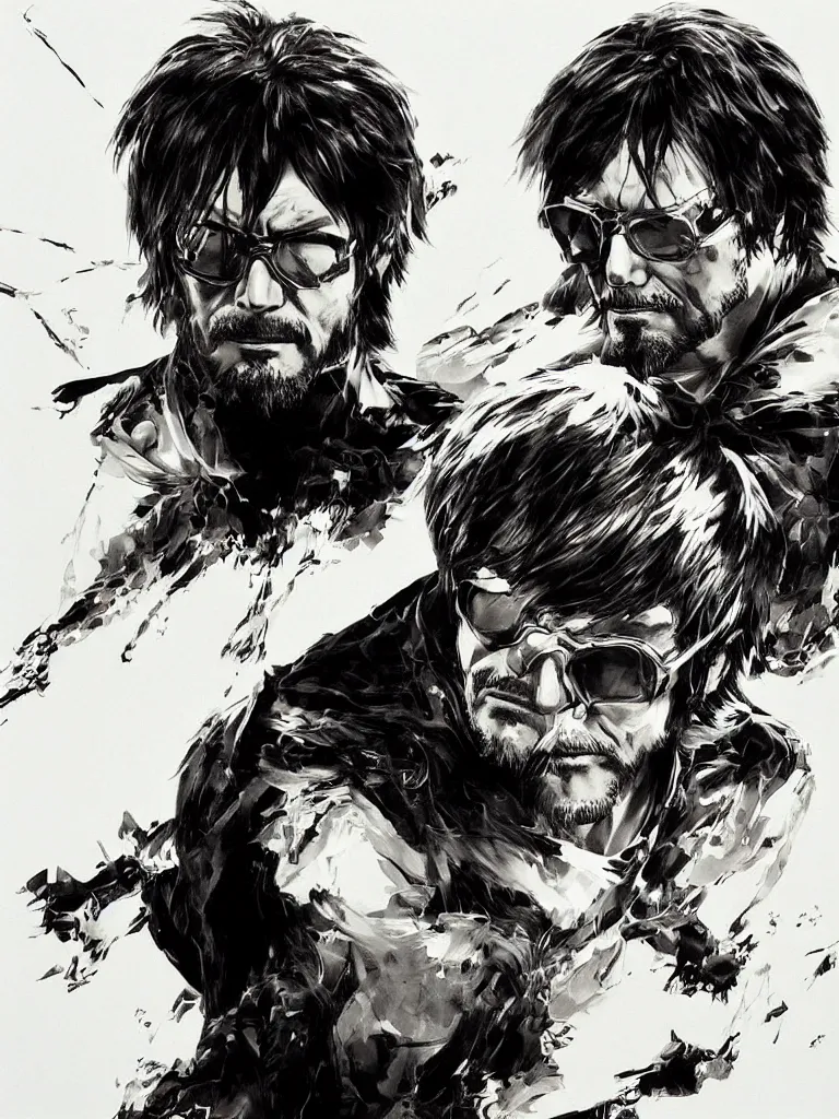 Image similar to “A centered portrait painting of hideo kojima by yoji shinkawa, trending on art station, metal gear solid”