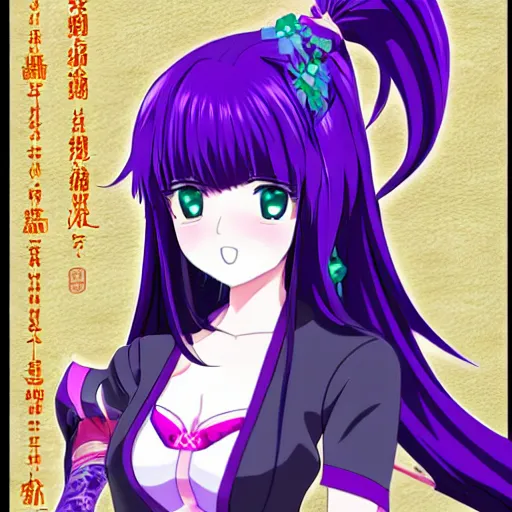 Image similar to anime full body illustration of a woman with purple hair wearing dark purple chinese outfit, her head is slightly tilted, medium shot, extremely detailed art, character showcase art, 4 k, anime key visual, official illustration by kyoto animation, monthly top rankings on pixiv, trending on artstation, danbooru art