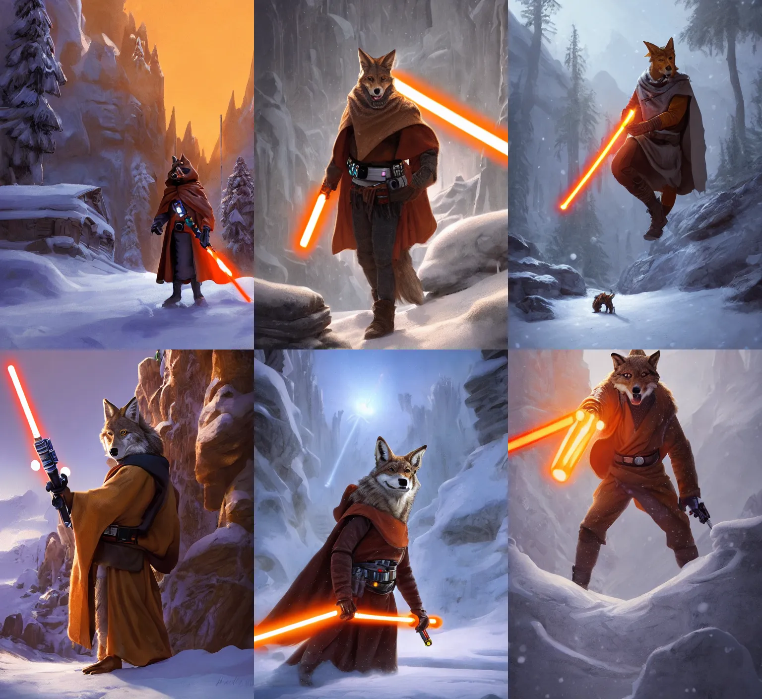 Prompt: portrait, anthropomorphic coyote wearing Jedi robes wielding an orange lightsaber in a snow mountain town. Dramatic lighting, cinematic, establishing shot, extremely high detail, photo realistic, post processed, artstation, matte painting, style by eddie mendoza, raphael lacoste, alex ross