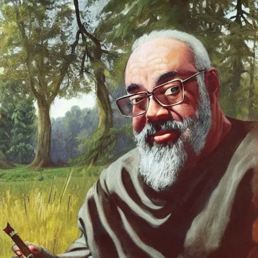 Image similar to Gary Gygax Gary Gygax plays dungeons and dragons in the middle of a field, Rye (Shishkin), painting by Ivan Shishkin, Ernest Gary Gygax face, photo by Gary Gygax, painting by Valentin Serov, oil painting, beautiful eyes