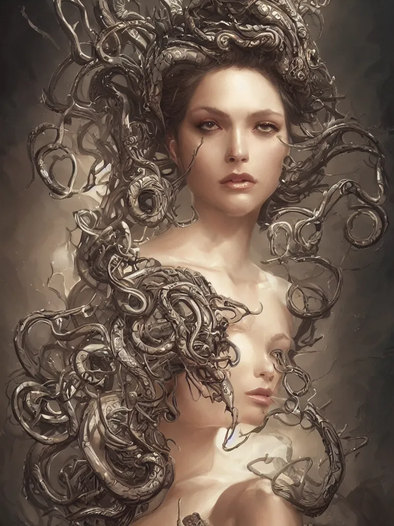 Image similar to desirable medusa, fantasy, intricate, elegant, highly detailed, digital painting, artstation, concept art, matte, sharp focus, illustration, art by artgerm and Greg Rutkowski