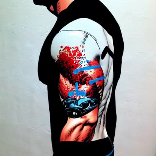 Image similar to a portrait of a back man with side profile blood in ocean intricate details :: side profile :: oxygen mask by MARVEL comics and Sandra Chevrier