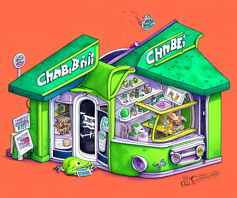 Image similar to cute and funny, a tiny cannabis shop, ratfink style by ed roth, centered award winning watercolor pen illustration, isometric illustration by chihiro iwasaki, edited by craola, tiny details by artgerm and watercolor girl, symmetrically isometrically centered