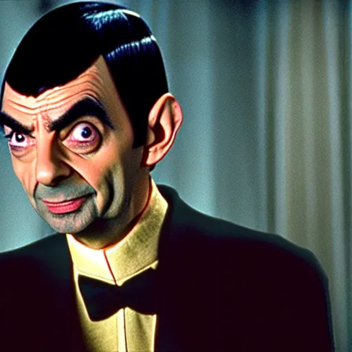 Image similar to mr. bean as mr. spock from star treck. movie still. cinematic lighting.