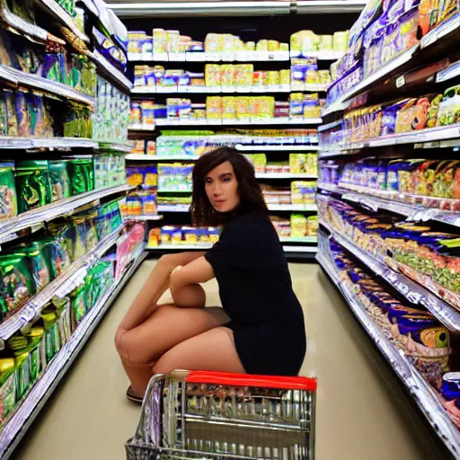 Image similar to beautiful woman sitting in a highly detailed grocery store isle