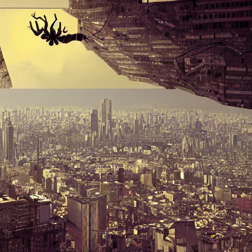 Image similar to A spider above a huge city, digital art