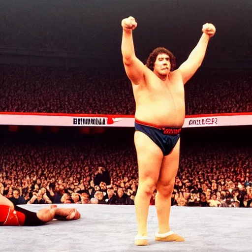 Prompt: andre the giant standing in the middle of the ring at wrestlemania, andre is 1 7 feet tall