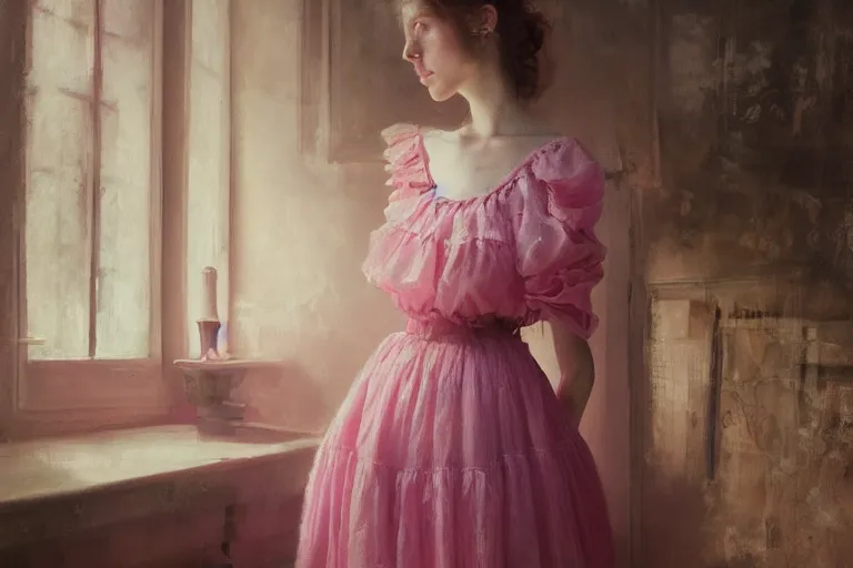 Image similar to A girl in a pink dress in a Gothic atelier, oil painting, detailed, colorful, glowing lighting, 4k, depth of field, in the style of Yanjung Chen and Tom Bagshaw,
