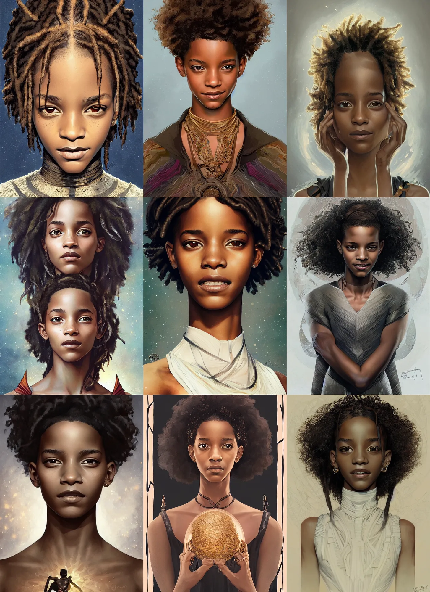 Prompt: black emma watson willow smith symmetrical portrait, bright smile, afro haircut, highly detailed, digital painting, artstation, concept art, sharp focus, illustration, art by aleksi briclot, greg rutkowski and alphonse mucha