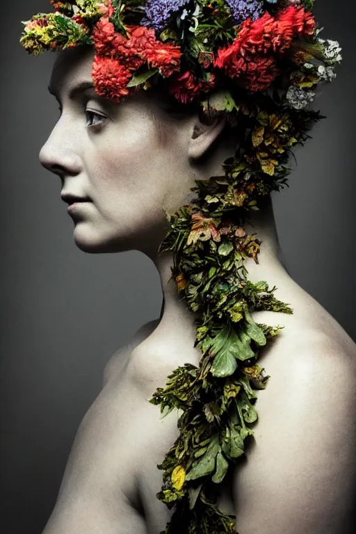 Prompt: a womans face in profile, made of flowers and leaves, in the style of the Dutch masters and Gregory Crewdson, impressive, dark, ethereal, dramatic, epic, a masterpiece, fine art with subtle redshift rendering