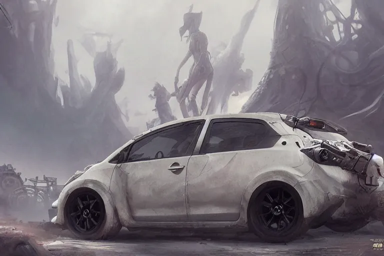 Prompt: a Nissan Tiida, in Mad Max style, coriolios rpg art style, full of details, dark sci-fi, white, matte painting, artstation, 8k, hyperrealistic, style of peter mohrbacher