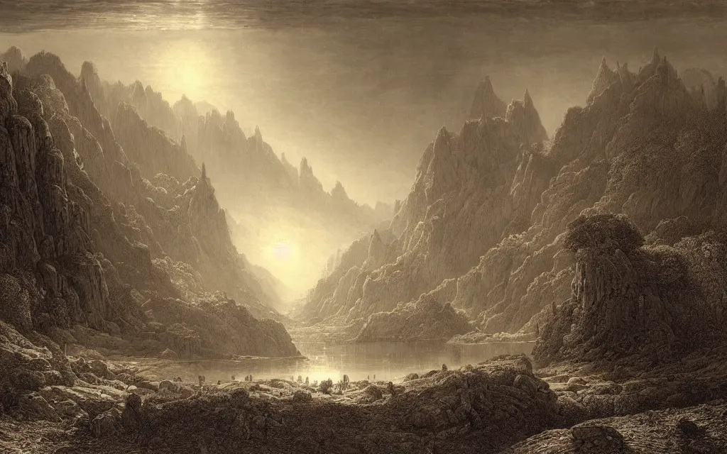 Image similar to a meticulously composed render of a middle earth landscape by francis danby, john martin, and gustave dore,