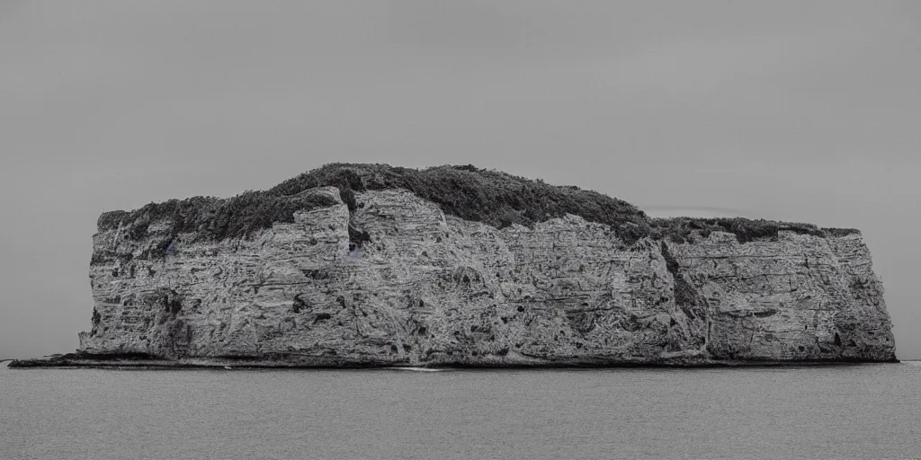 Prompt: black and white crystal cliffs surrounding an island, viewed from the ocean, high quality digital art,