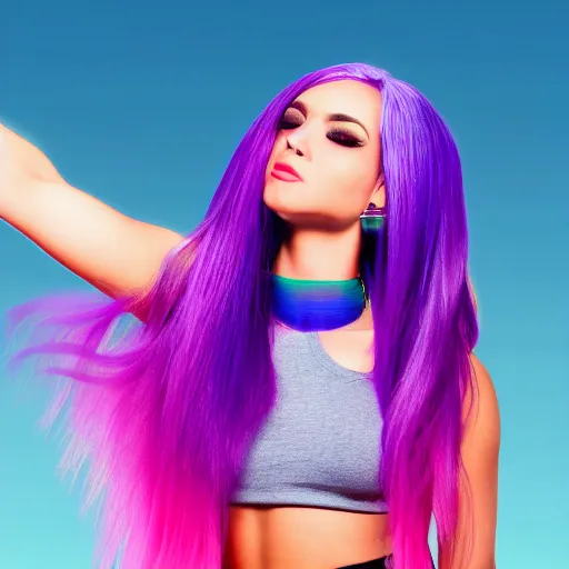 Image similar to a award winning action upper body portrait of a beautiful woman with a ombre purple pink hairstyle with head in motion and hair flying, choker, hoop earrings, outrun, vaporware, highly detailed, fine detail, intricate