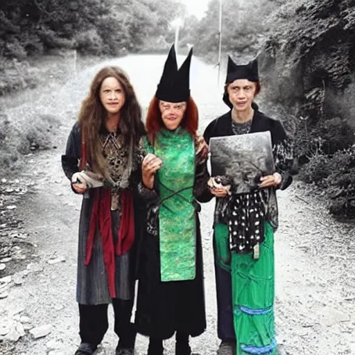 Prompt: “three wizards traveling through time to visit grandma's for dinner, realistic”