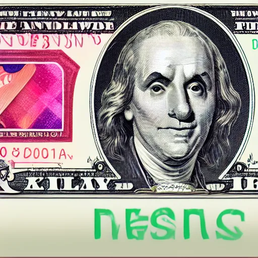 Image similar to A dollar banknote with a colorful clown face printed on it in the middle, whiteface makeup