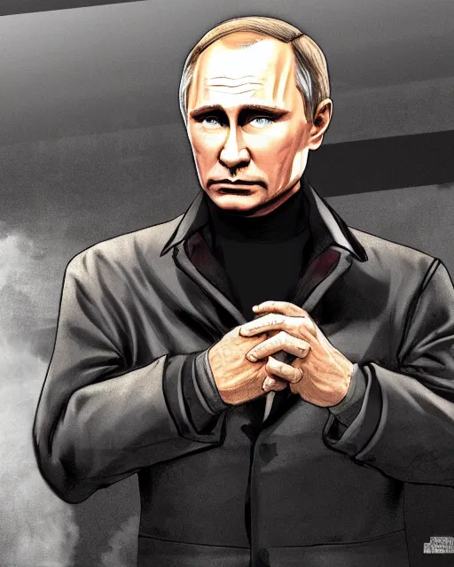 Prompt: a full body shot of vladimir putin wearing a jacket in gta 4, gta 4 loading screen artwork, highly detailed, trending on artstationhq